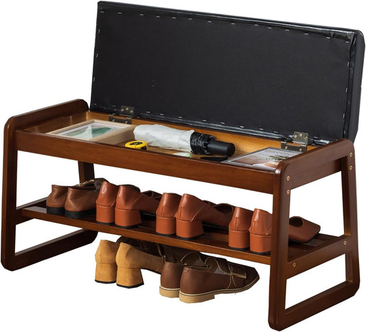 latifolia Shoe Rack Bench, Entryway Shoe Bench with Cushion, Flip-Open Storage Compartment, 2-Tier Shoe Organizer(Black,31.50''L)