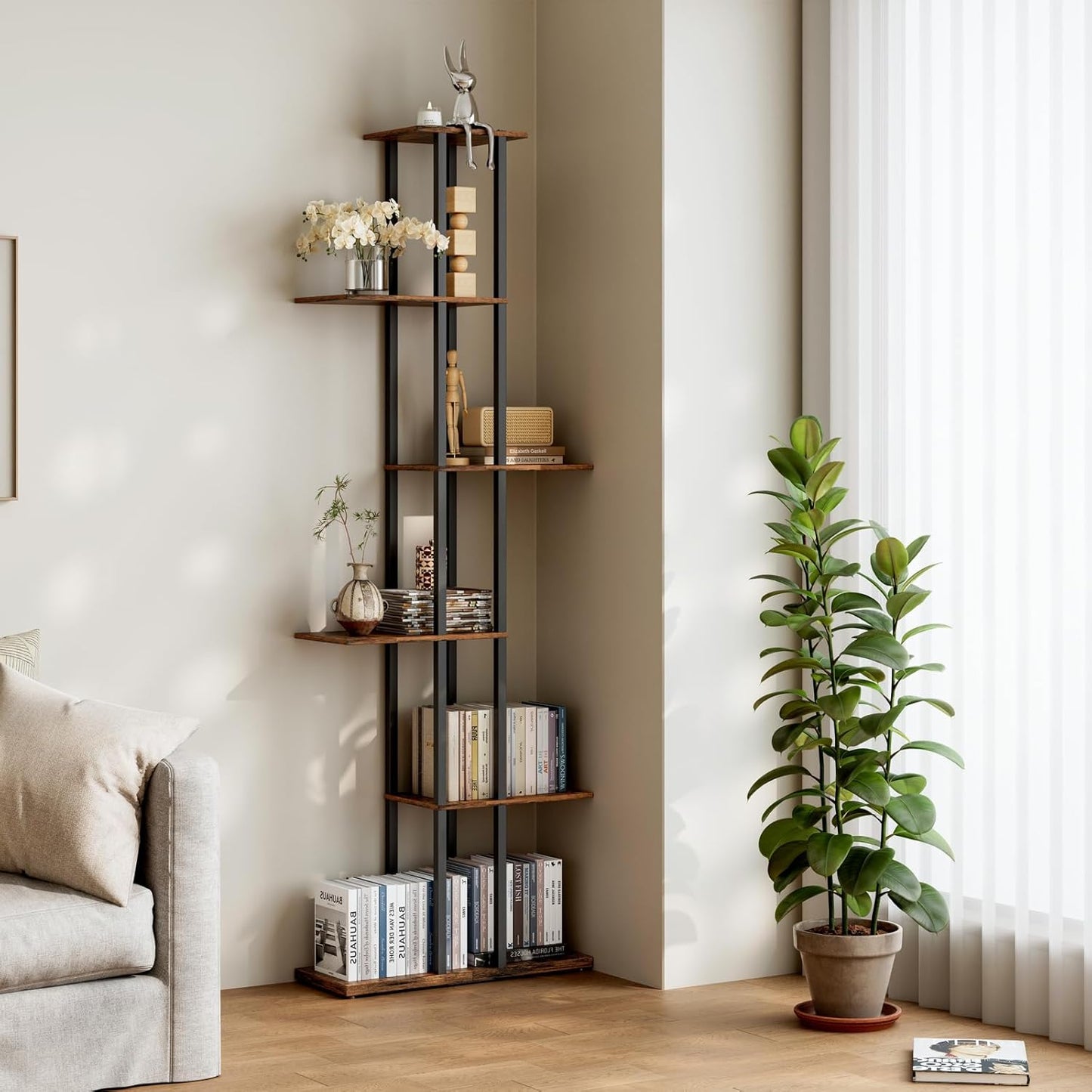 Bookshelf，Small Bookcase for Small Space，6-Tier Bookshelf for Living Room, Home Office, Study，9.45 x 20.8 x 62.2 Inches,Rustic Borwn