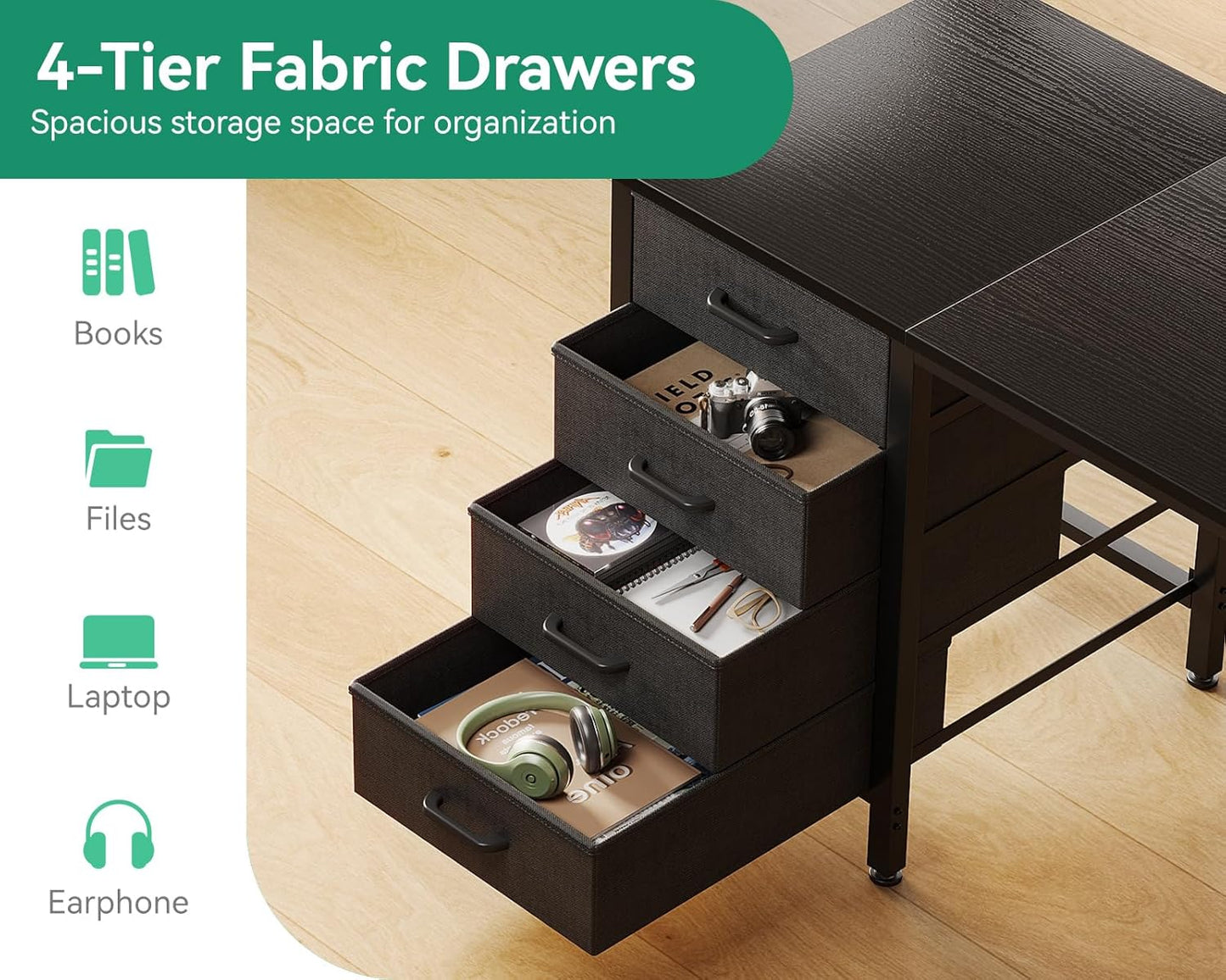 Casaottima 40-Inch Small Computer Desk with 4 Fabric Drawers — Home Office Desks with Storage, Writing Desk with Side Hook and Cloth Bag, Modern Study/Work Table for Bedroom and Small Space, Black