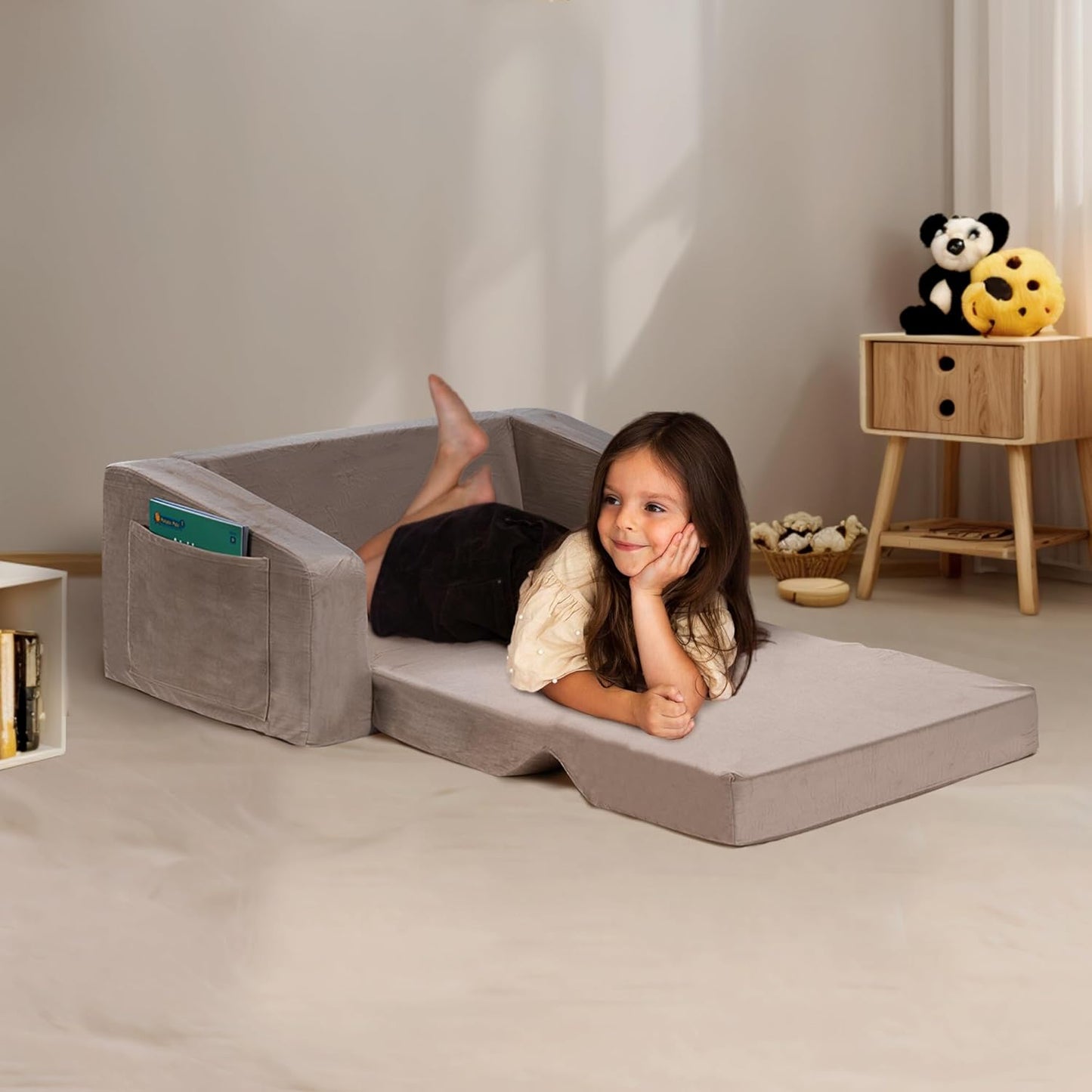 Kids Couch, Extra Wide 2-in-1 Toddler Sofa Convertible Fold Out to Lounger Bed for Girls and Boys, Apricot