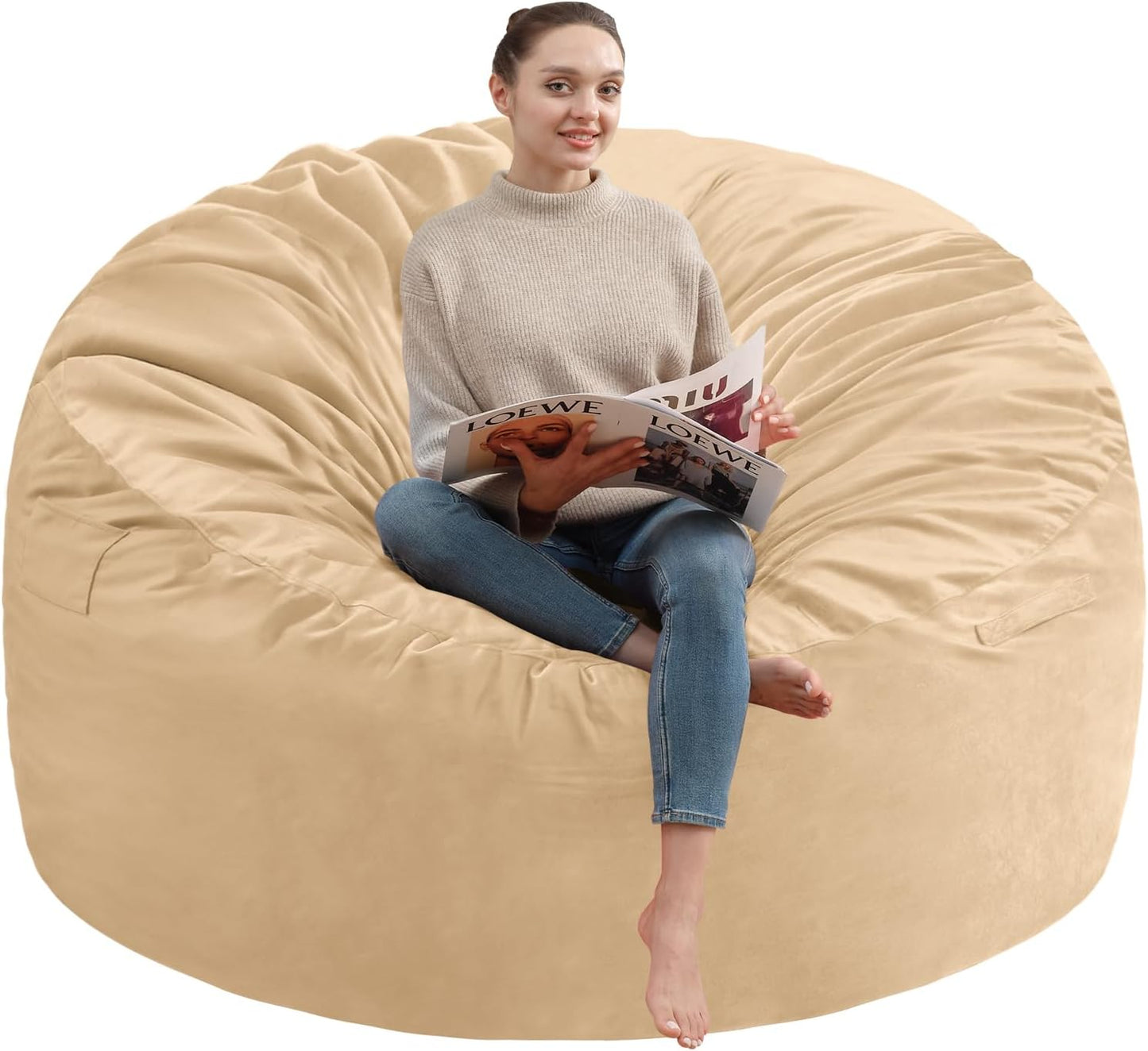 6FT Bean Bag Chair, Large Bean Bag Chairs with Memory Foam Filled, Fluffy Beanbag Sofa with Dutch Velvet Cover, Round BeanBag Chairs for Living Room, Playroom - Khaki
