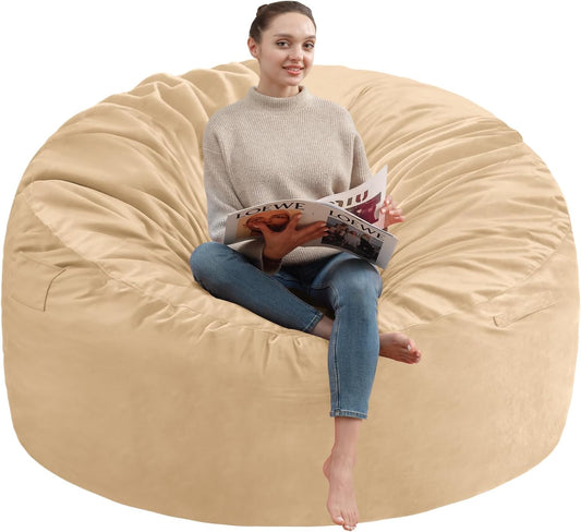 6FT Bean Bag Chair, Large Bean Bag Chairs with Memory Foam Filled, Fluffy Beanbag Sofa with Dutch Velvet Cover, Round BeanBag Chairs for Living Room, Playroom - Khaki