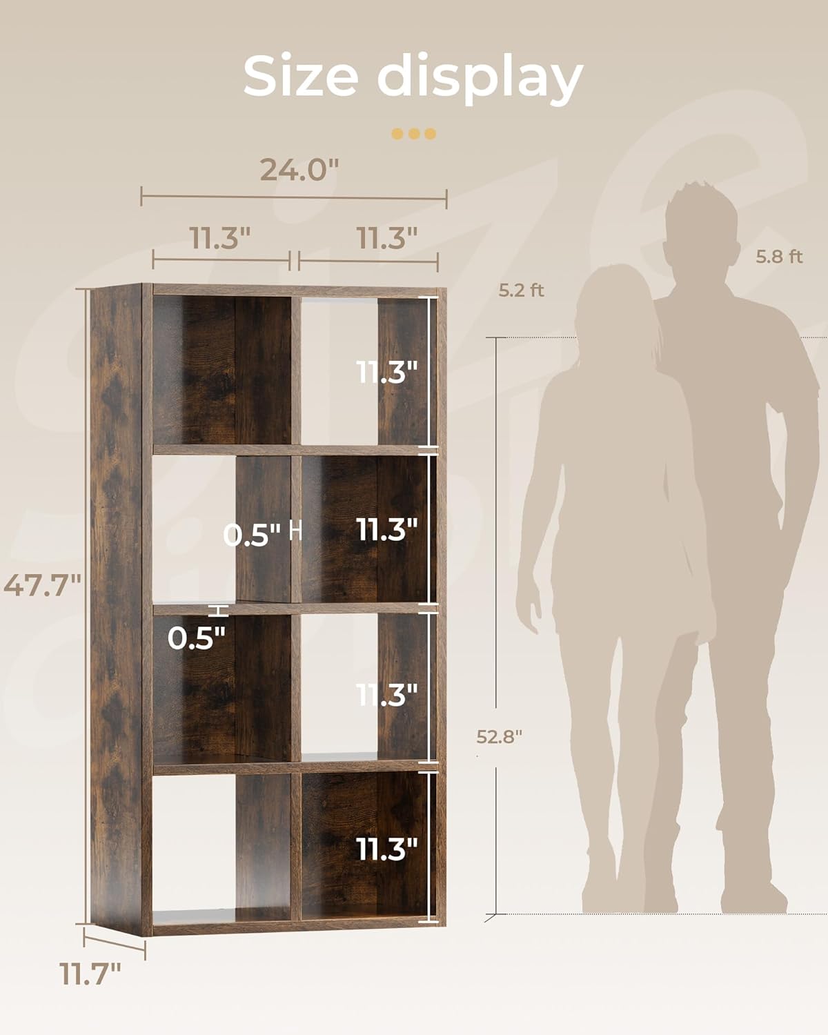 GTPLAYER 8-Cube Storage Organizer, Fits 11" Bins, Vertical or Horizontal Use, Opening Bookshelf, Partial Back Panels, Stackable Design Bookcase, for Living Room, Media Console, Hallway, Rustic Brown