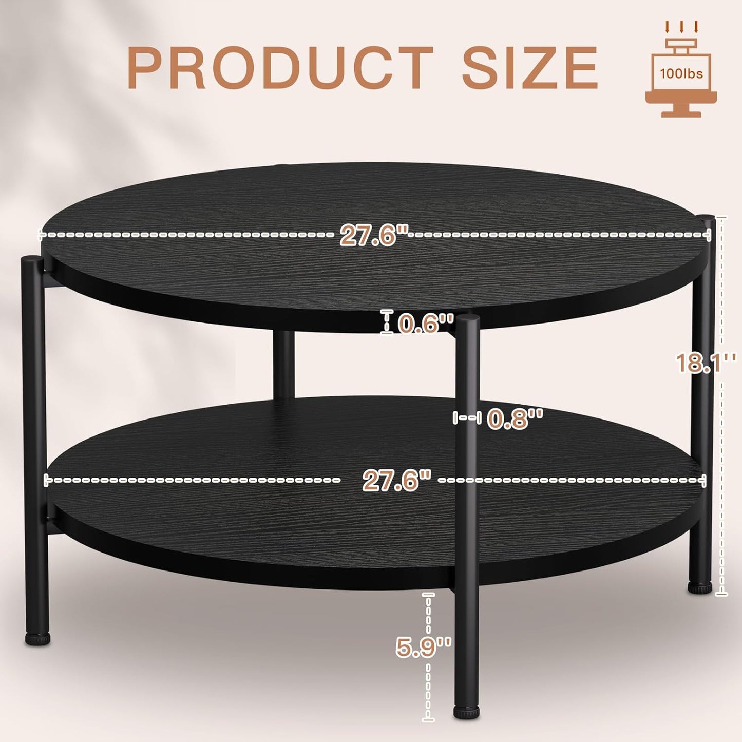 Round Coffee Table, 27.6" Circle Coffee Table for Living Room, 2-Tier Wood Accent Center Table with Open Storage Industrial Design Home Furniture, Black