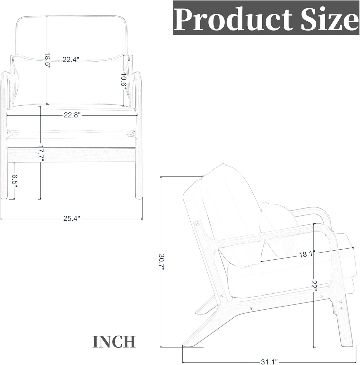 Armchair Upholstered Lounge Chair, Mid-Century Modern Accent Chair with Cushion, Lounge Chair Indoor Reading Chair with Wood Arms, Accent Chair for Living Room, Bedroom Office, Dark Gray