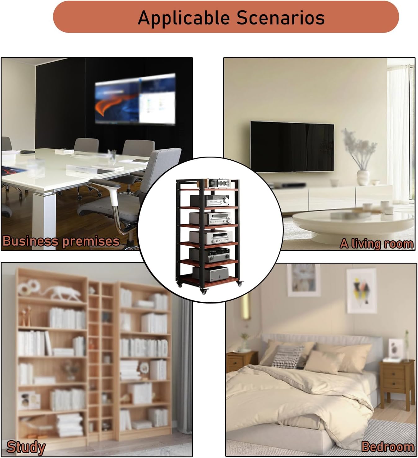 6 Tier Audio Rack Tower, CD Record Player Stereo Receiver AV Equipment Cabinet Display Rack, Weight capacity 661 lbs, with Adjustable Wooden Shelves for Home (TEAKWOOD, 6 TIER 47×19.7×15.7IN)
