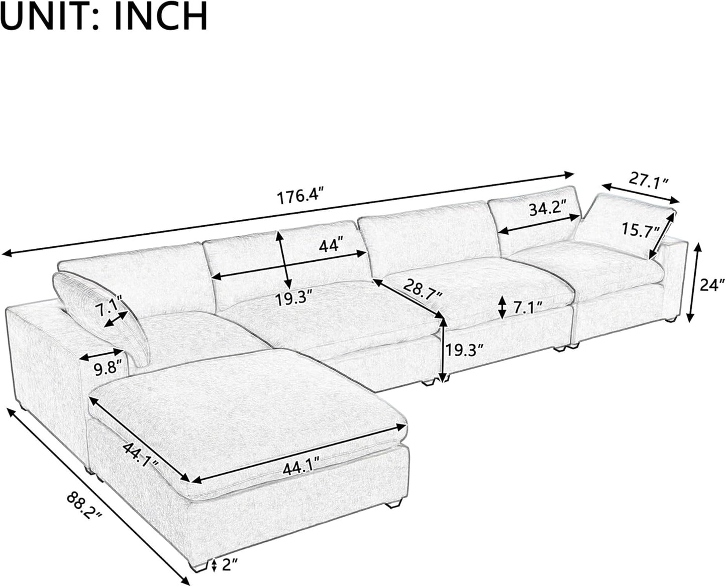 176.4 Inch L Shaped Modular Sectional Sofa with Removable Ottoman, 5-Seater Oversized Deep Seat Corner Couch for Living Room, Apartment, Office, Spacious Space, Grey