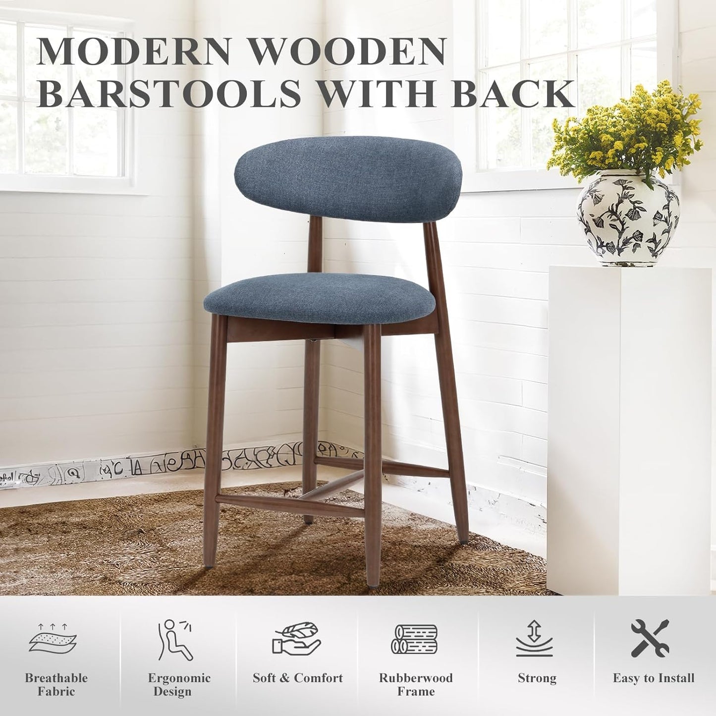 COLAMY Mid Century Modern Bar Stools Set of 4, Counter Height, Blue Fabric Upholstered Wooden Barstools with Back, 25 Inch