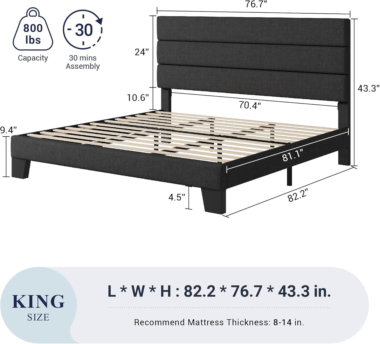 Allewie King Bed Frame Platform Bed with Fabric Upholstered Headboard and Wooden Slats Support, Fully Upholstered Mattress Foundation/No Box Spring Needed/Easy Assembly, Dark Grey