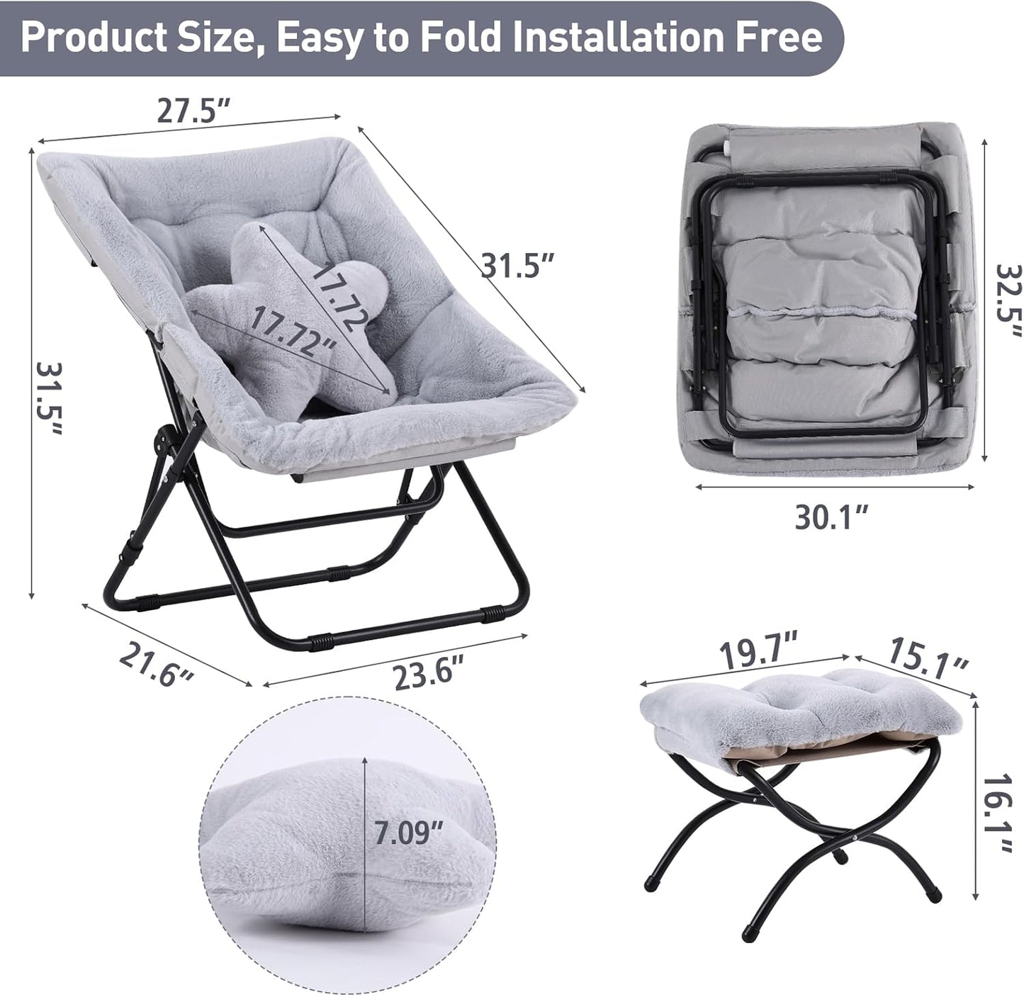 Welnow Comfy Saucer Chair with Ottoman, Oversized Folding Reading Chair for Adults with Throw Pillow Soft Faux Fur Lounge Chair for Bedroom Furry Accent Chair for Living Room, Dorm Rooms, Grey