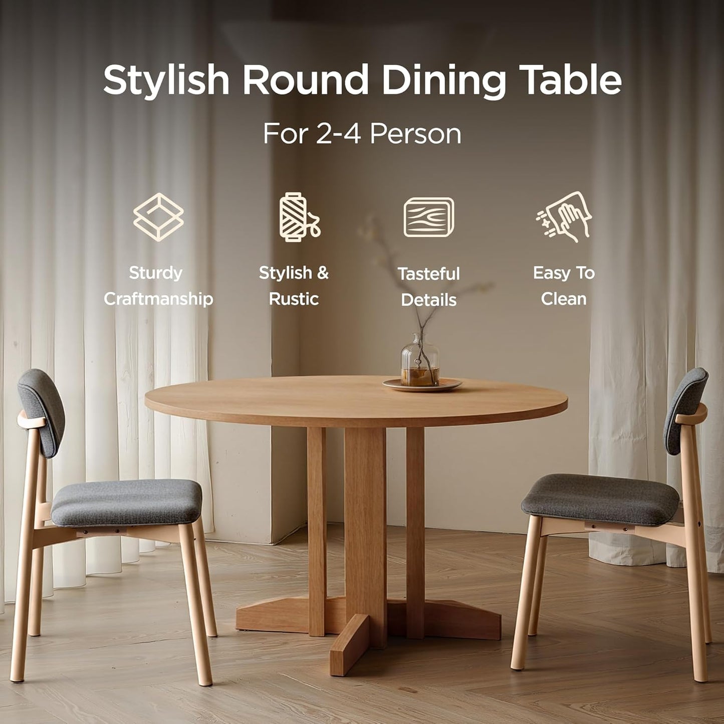 Acanva 47" Small Round Dining Table for 4 Person, MDF Top and Sturdy Wood Base Structure, Modern Design for Kitchen, Compact Space & Apartment, Natural Oak