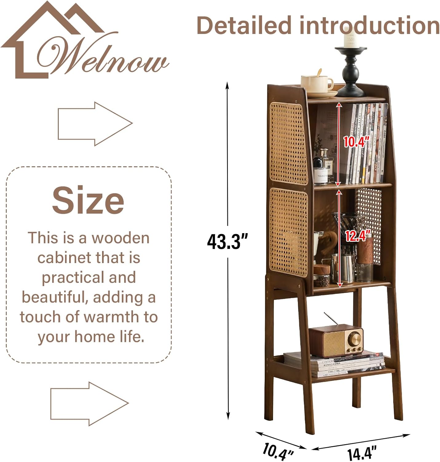 Welnow Bamboo Rattan Bookcase with Cabinet, 2-Tier Storage Shelf with Side Table & End Table Function, Large Modern Wood Organizer for Living Room or Bedroom, Walnut Bookshelf