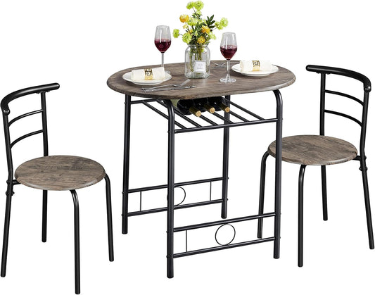 Yaheetech 3 Piece Dining Table Set, Kitchen Table & Chair Sets for 2, Compact Bistro Table Set with Steel Legs, Built-in Wine Rack for Small Space, Apartment, Breakfast Nook, Drift Brown