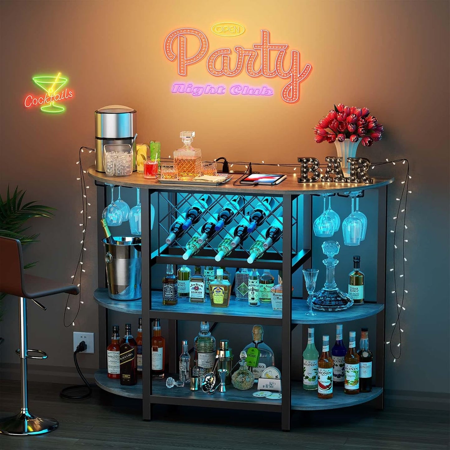 Zarler Bar Cart with Power Outlet Easy to Assemble, LED Home Bar Cabinet for Liquor, 47.3" L x 15.8" D x 36" H Metal Mini Bar Table with 4-Tier Storage, Light Grey