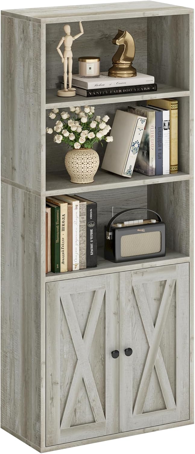 IRONCK Industrial Bookshelves and Bookcases with Doors 11.8 in Depth Floor Standing 5 Shelf Display Storage Shelves Bookcase Home Decor Furniture for Home, Office, Living Room, Bedroom