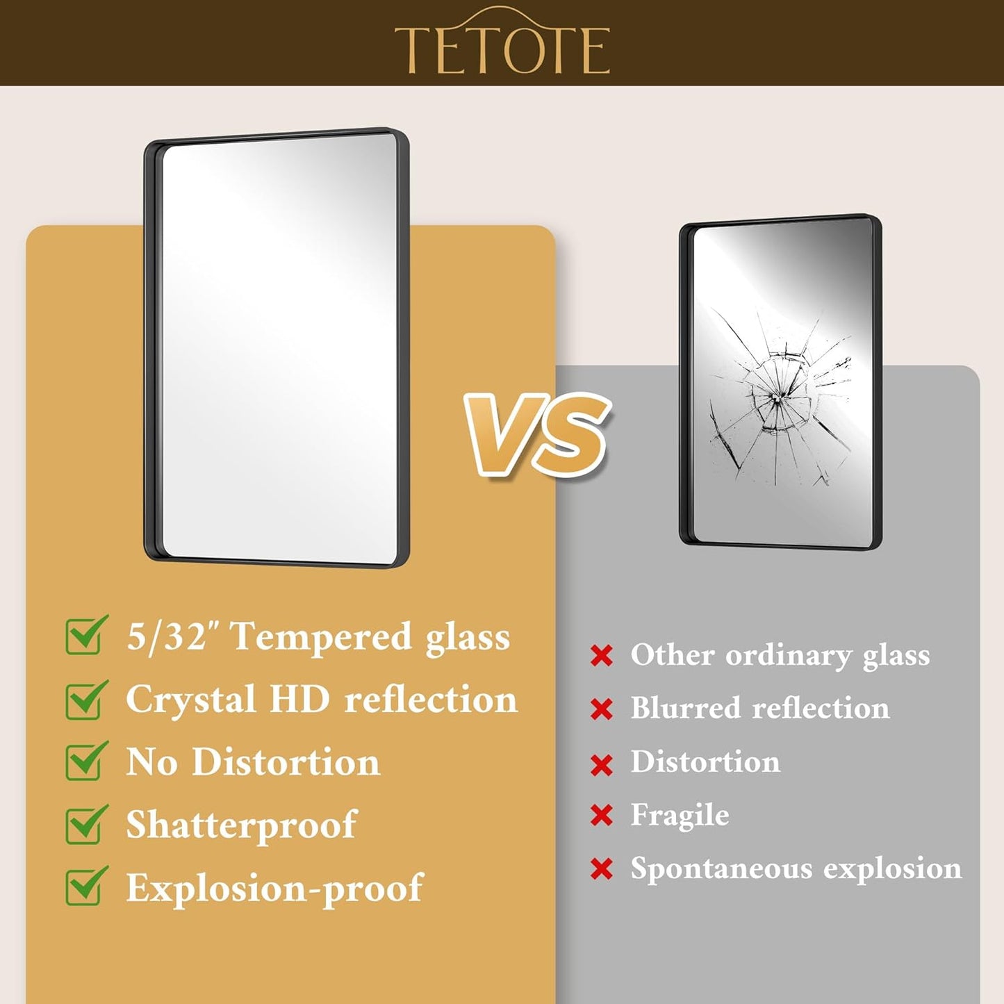 TETOTE 48 x 36 Black Mirror Large Matte Black Bathroom Mirror, Tempered Glass, Wall Mounted for Bathroom, Entryway, Bedroom, Living Room(Horizontal/Vertical)