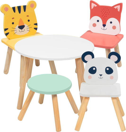 Kids Wooden Animal Table & Chair Set w 4 Seats- Tiger Panda & Fox Plus Adult Stool for Arts Crafts, Dining, Pretend Play- Durable Playroom Furniture for Home Daycare Classroom- Toddler Activity Center