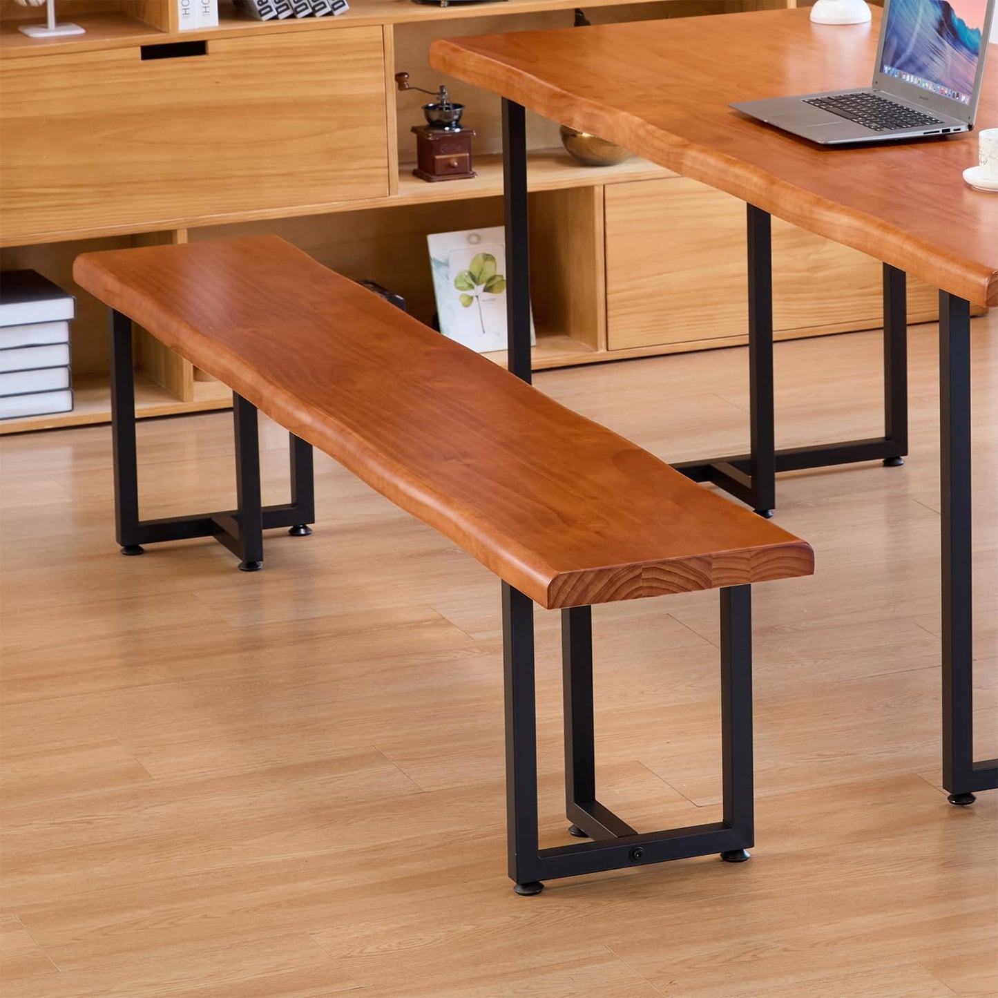 Durable Solid Wood Top Bench with Metal Triangular Legs – Stylish Long Dining Bench for Home, Office, Restaurant & Patio (Wooden Brown Bench, 70.87in)