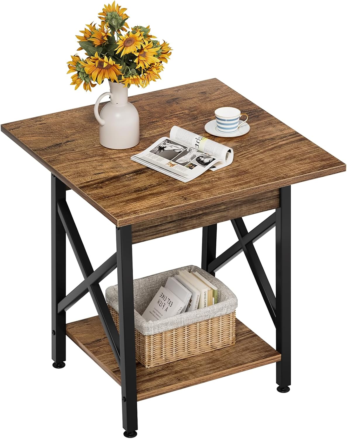 GreenForest End Table 24 inch for Living Room, Large Square Side Tables with X-Frame, Tall Industrial Bedside Nightstand with 2-Tier Storage, Rustic Walnut