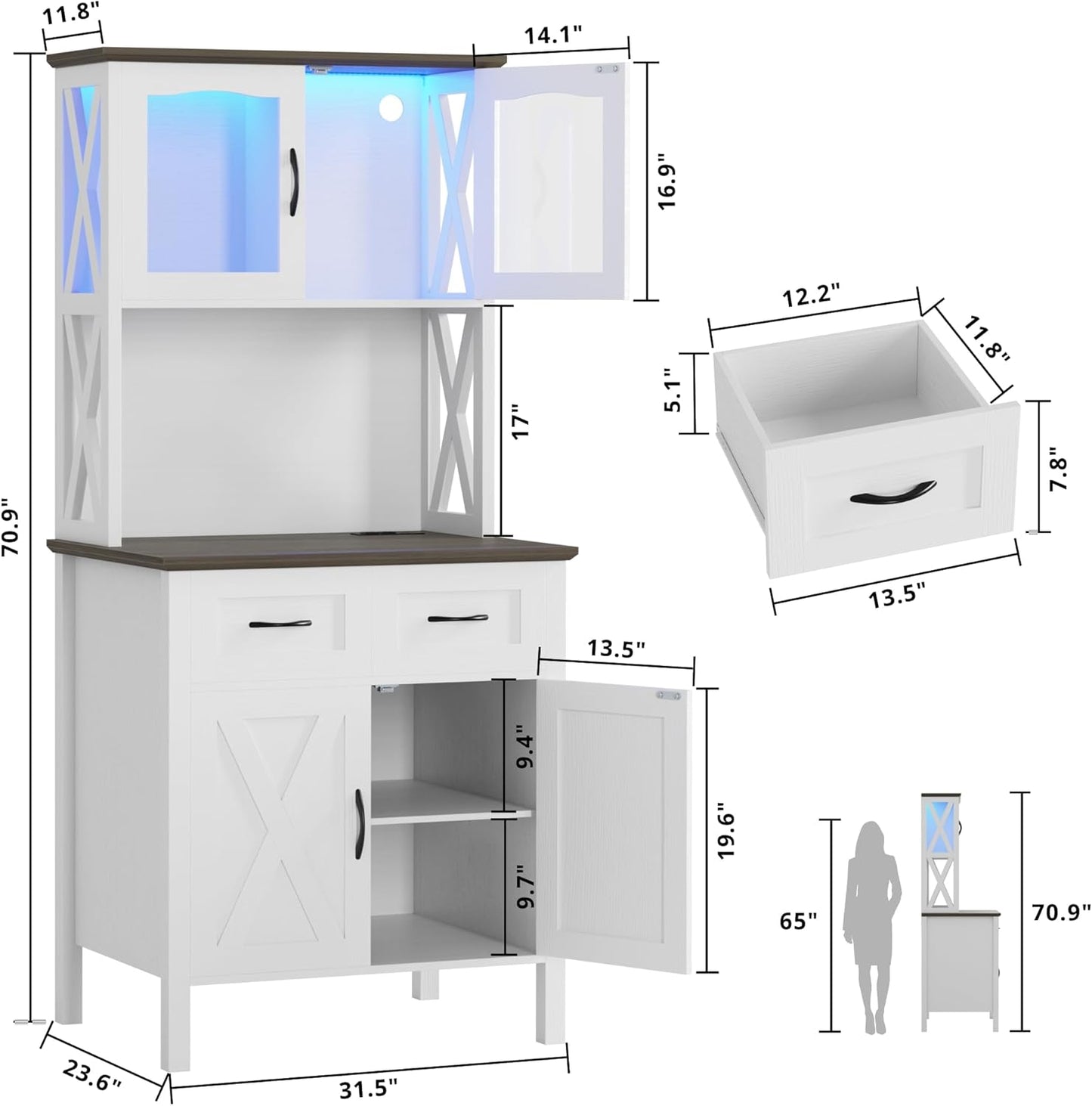 IRONCK 71" Pantry Cabinet with LED Lights and Charging Station, Tall Kitchen Storage Cabinet with Microwave Stand, Farmhouse Kitchen Hutch for Dining Room, White