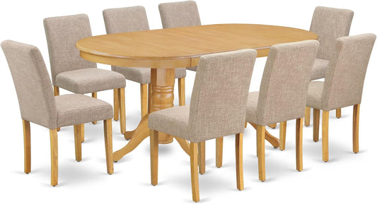 East West Furniture VAAB9-OAK-04 9 Piece Dining Table Set Includes an Oval Dining Room Table with Butterfly Leaf and 8 Light Tan Linen Fabric Parsons Chairs, 40x76 Inch, Oak
