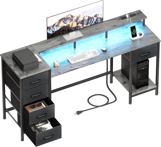 55 Inch Computer Gaming Desk with Power Outlets LED Lights, Reversible Home Office with Adjustable Fabric Storage Drawers for Working Writing Study, Grey