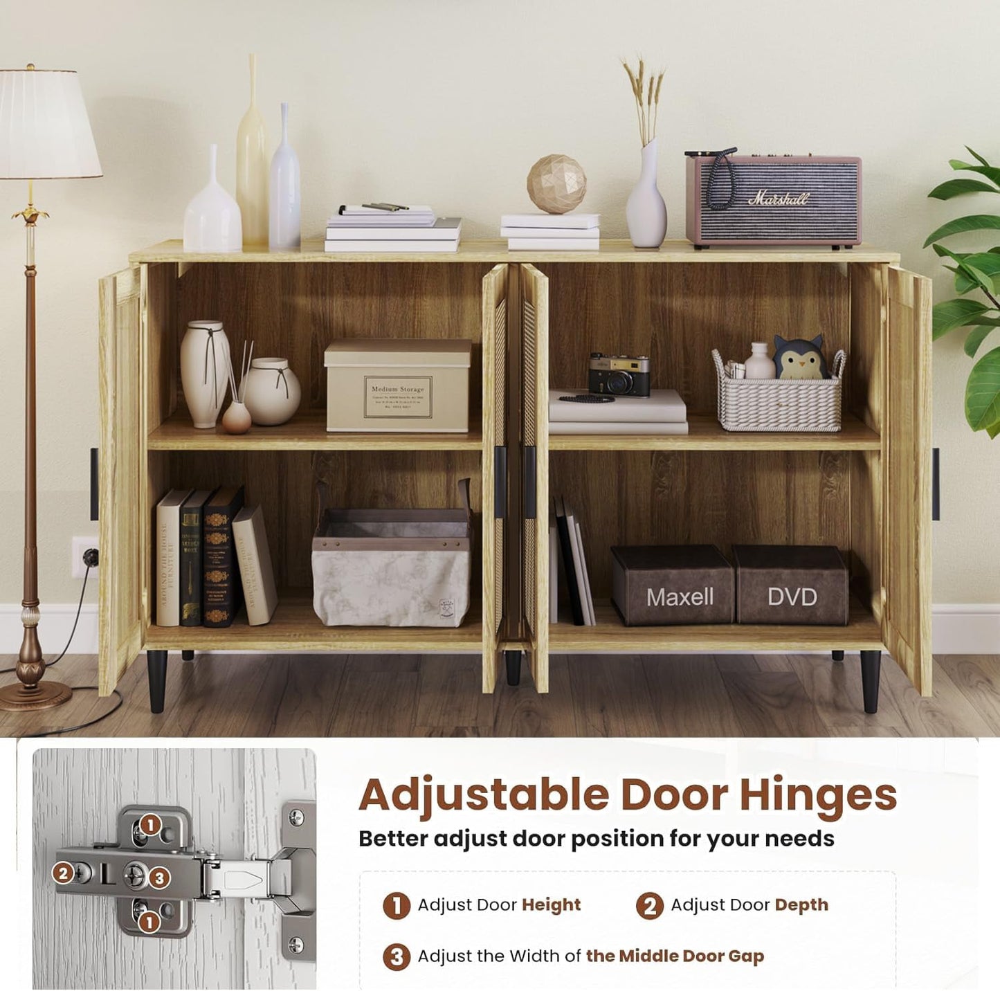 Buffet Sideboard,Kitchen Storage Cabinet with 4 Rattan Decorated Doors,Coffee Bar Cabinet with Adjustable Shelves for Living Room,Hallway,Natural