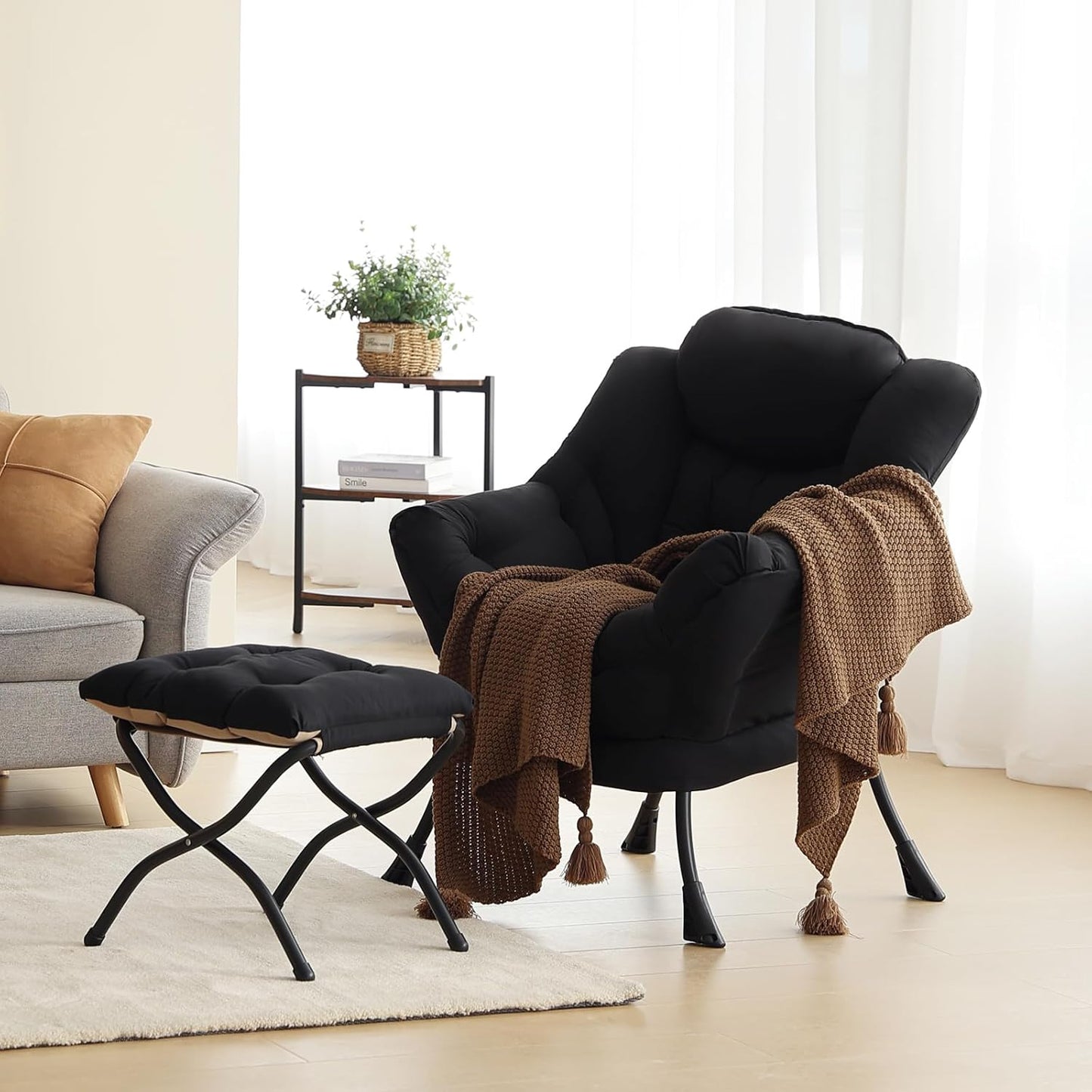 Lazy Chair with Ottoman, Modern Accent Chair Contemporary Lounge Leisure Sofa Chair with Armrests, Reading Chair and Folding Footstool Set for Living Room, Bedroom, Office, Black