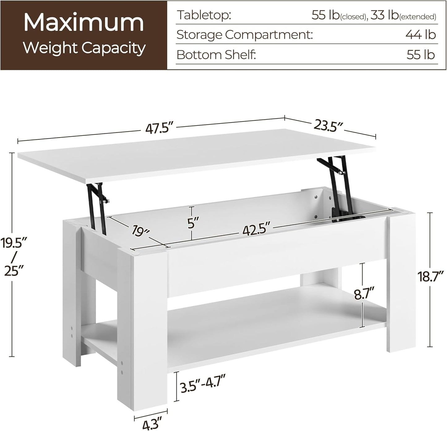 Yaheetech Lift Top Coffee Table with Hidden Compartment and Storage Shelf, Rising Tabletop Dining Table for Living Room Reception Room, 47.5in L, White