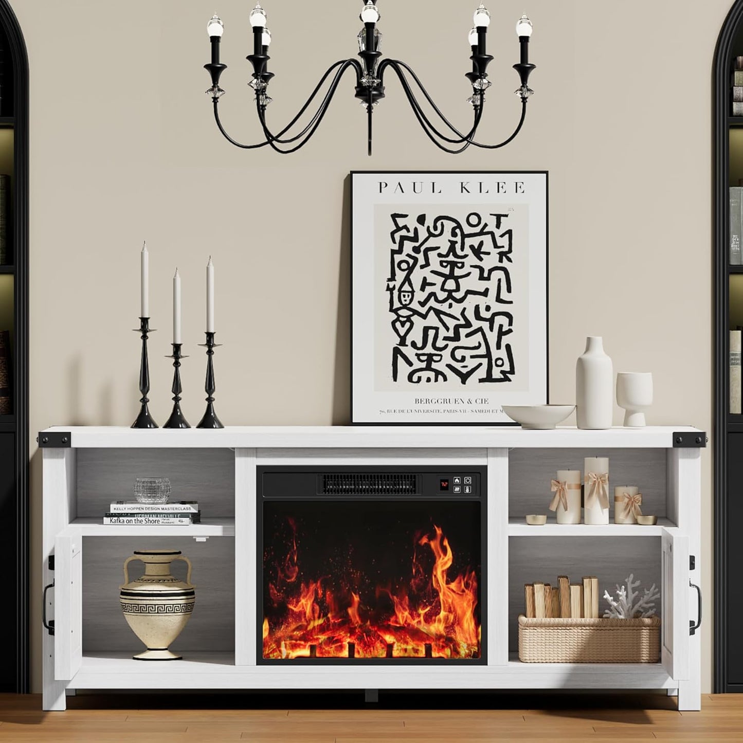 YESHOMY Fireplace TV Stand with Barn Doors and Open Display Shelf, Farmhouse Media Console with Hidden Cable Routing, Entertainment Center for Televisions up to 65+ Inch, White