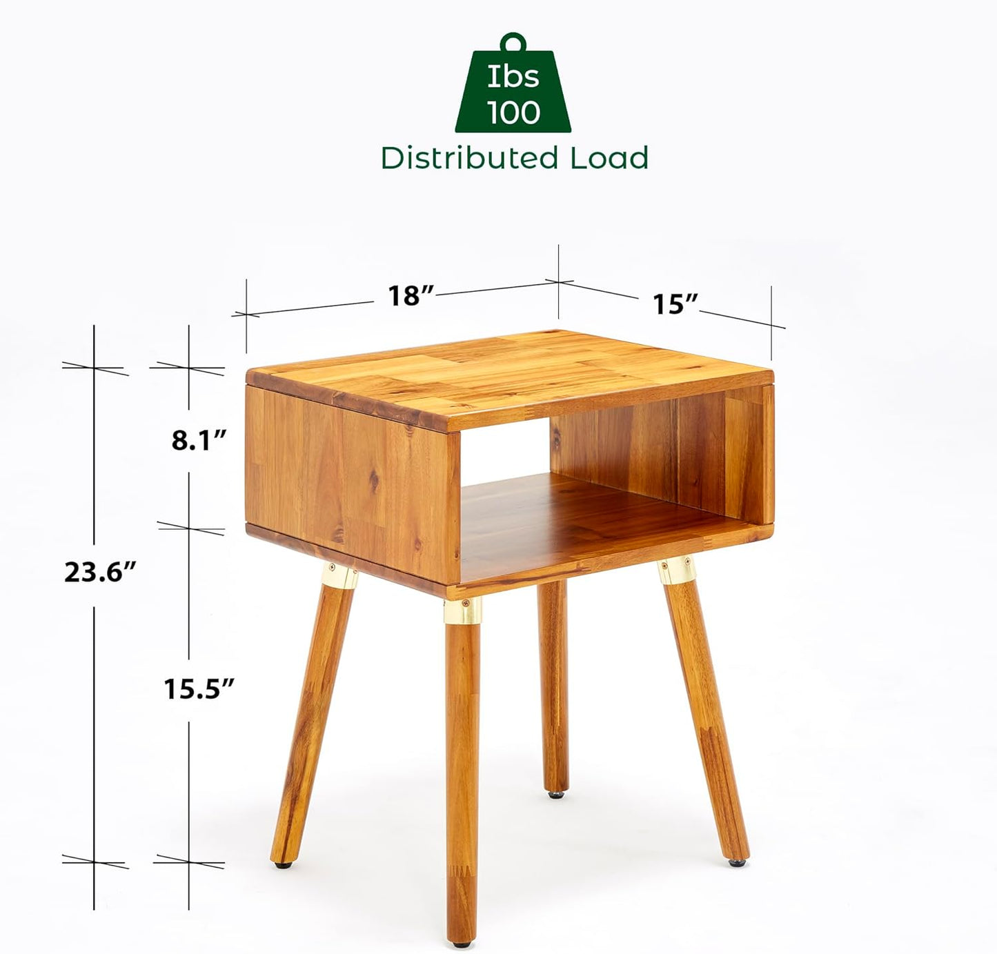 Bme Dinkee Solid Wood Nightstand, Fully Assembled, Without Drawer for Mid Century Bedroom and Living Room, Caramel