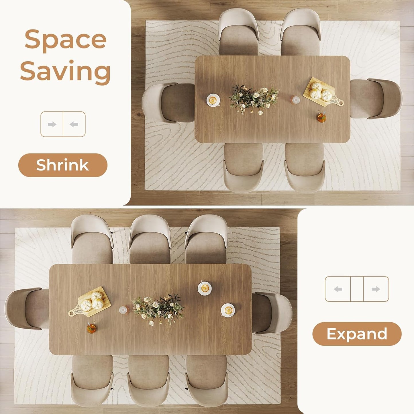 63"-78.7" Expandable Dining Table, 6-10 Farmhouse Kitchen Table, Extendable Dining Table, Rectangular Table with Metal Track, Widened Wood Striped Legs for Dining Room, Office-Beige Brown