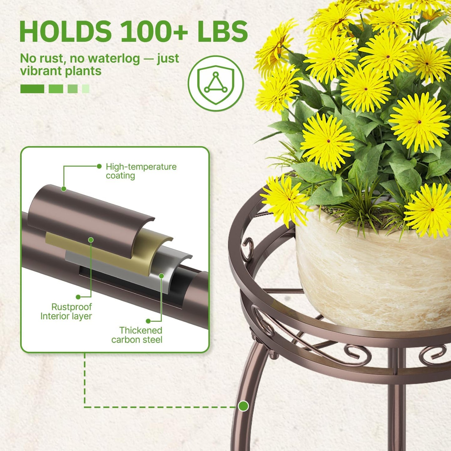 KMOTASUO 3 Tier Tall Plant Stand Indoor Outdoor for Large Planter, Multiple Level Flower Holder Organizer Rack for Patio Office Bathroom Corner, Sturdy Heavy Duty Metal, Vertical Display, Bronze