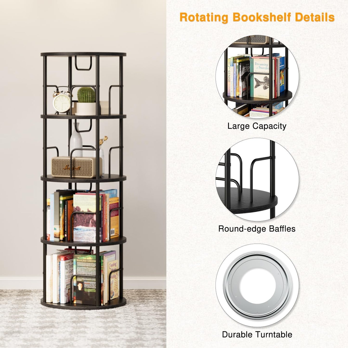 4 Tier Rotating Bookshelf, 360 Display Spinning Corner Bookshelf, Space-Saving Metal Frame Bookcase for Living Room, Office, Bedroom, Black