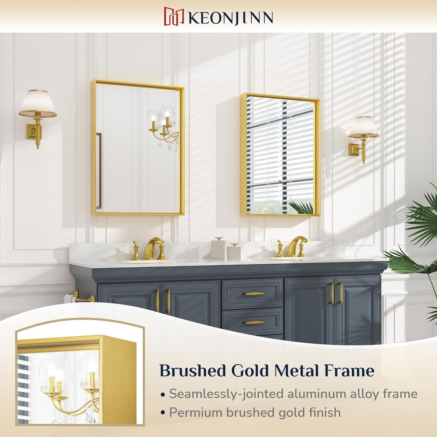 Keonjinn 22 x 30 Inch Gold Bathroom Mirror for Over Sink Brushed Gold Rectangle Wall Mounted Mirror Metal Frame Modern Farmhouse Mirror with Square Corner Framed Mirror(Horizontal/Vertical)