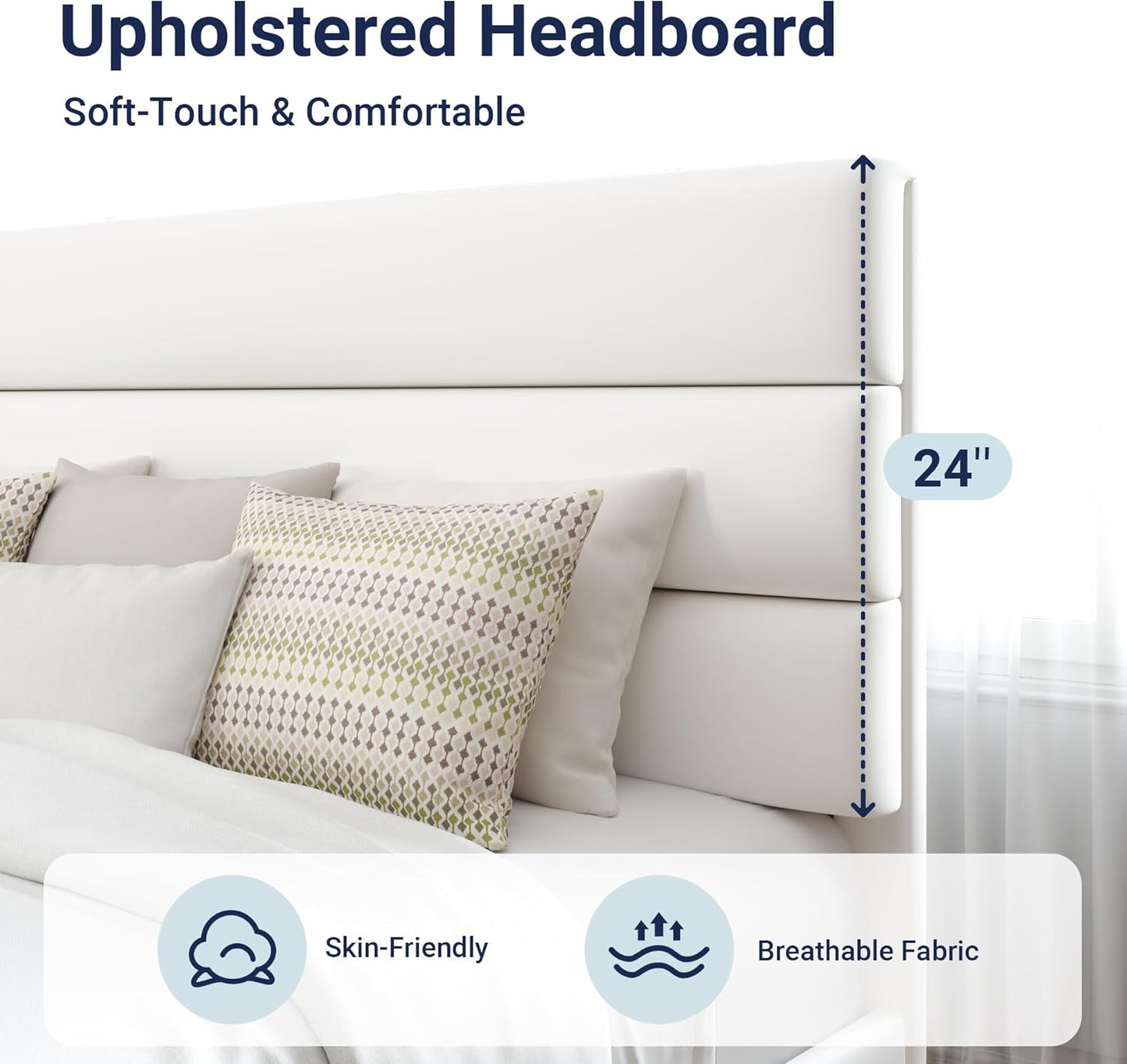 Allewie Full Size Platform Bed Frame with Velvet Upholstered Headboard and Wooden Slats Support, Fully Upholstered Mattress Foundation/No Box Spring Needed/Easy Assembly, White