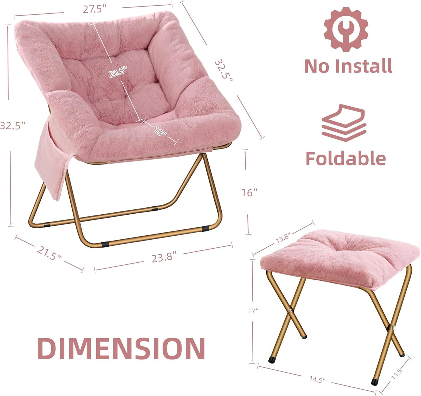 Comfy Saucer Chair for Adults, Foldable Living Room Chairs, Soft Faux Fur Lounge Chair for Bedroom, Reading Chairs, X-Large (Ottoman-Pink)