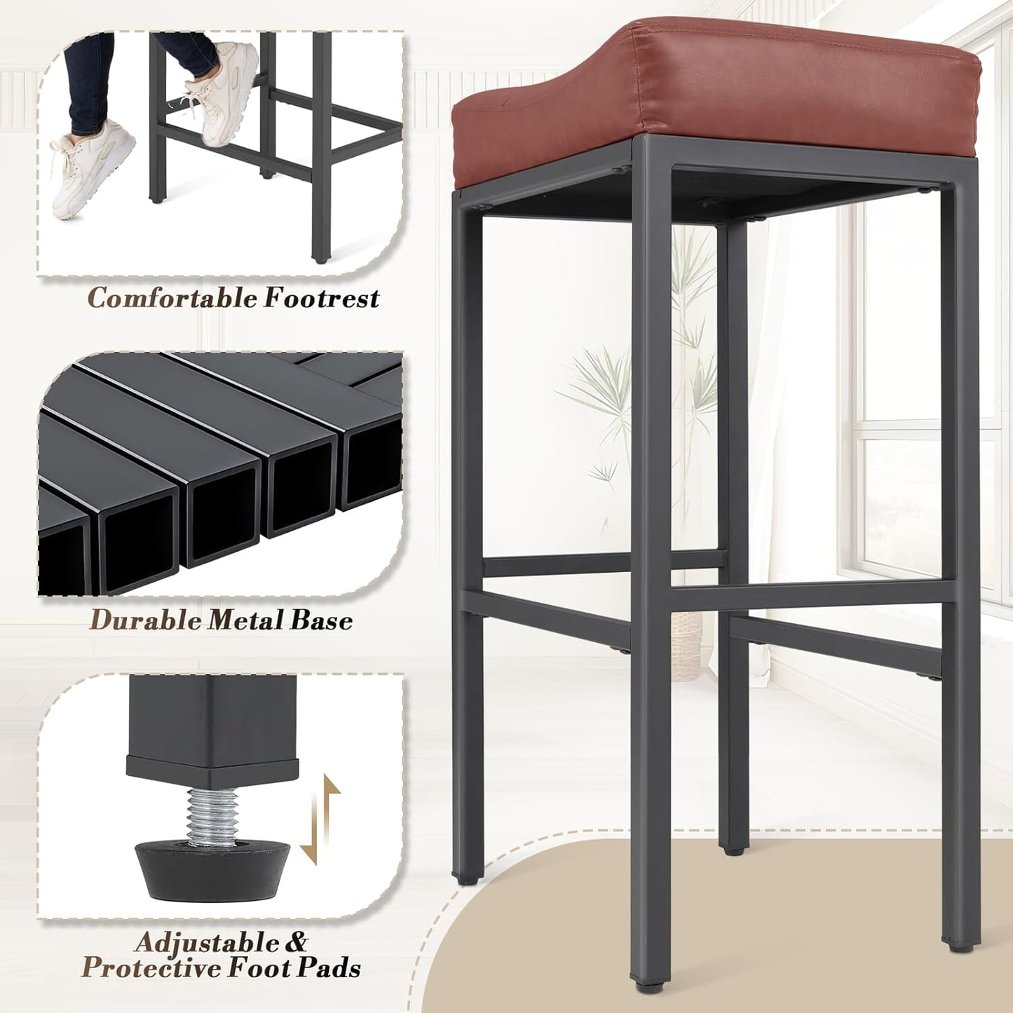 Athena Collection Counter Height Bar Stools Set of 2, 31.5 Inches Saddle Bar Stools with Leather Upholstered and Metal Legs, Backless Barstools for Counter, Kitchen Island, Dining Room, Mocha