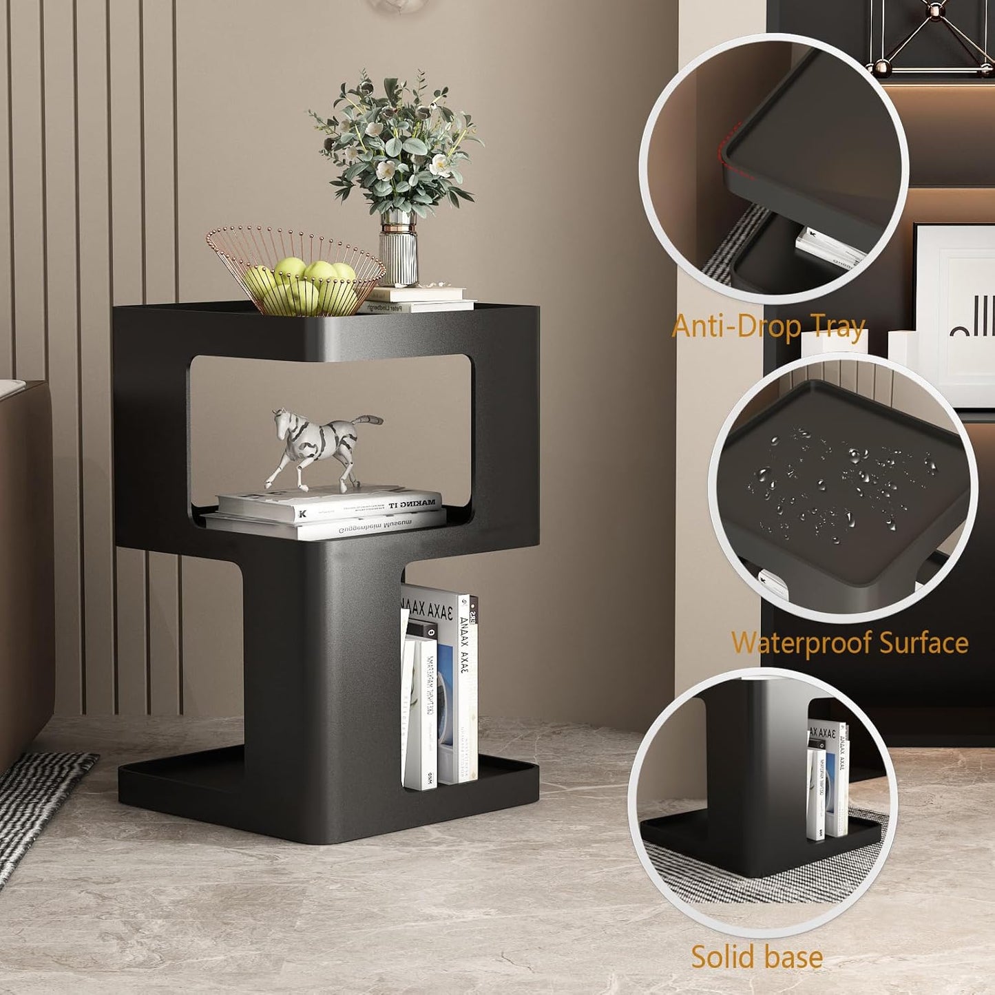 Black Side Table, Modern Nightstand Metal End Table for Living Room Bedroom,Square Bedside Table-3 Tier Storage,Not Assemble Required