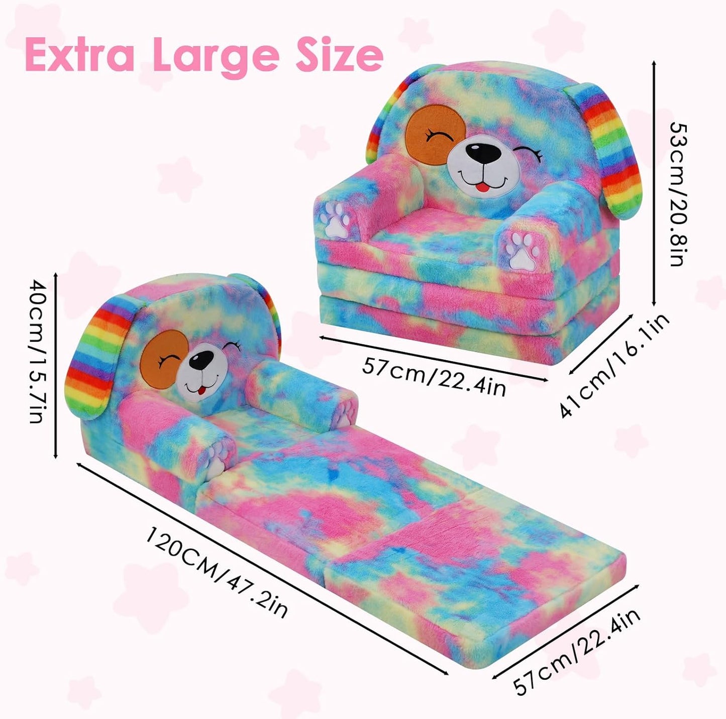 Kids Couch Comfy Foldable Kids Sofa to Lounger 2 in 1 Toddler Chair Plush Baby Sleeper Chair for Playing and Napping, Birthday Gifts for Boys and Girls