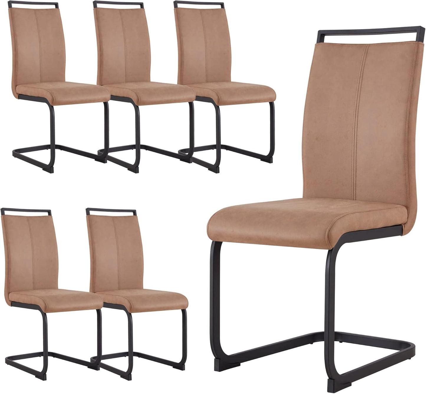 Dining Chairs Set, Kitchen Modern Metal Chairs with Faux Leather Padded Seat High Back and Sturdy Chrome Legs, Chairs for Dining Room (Brown, Set of 6)