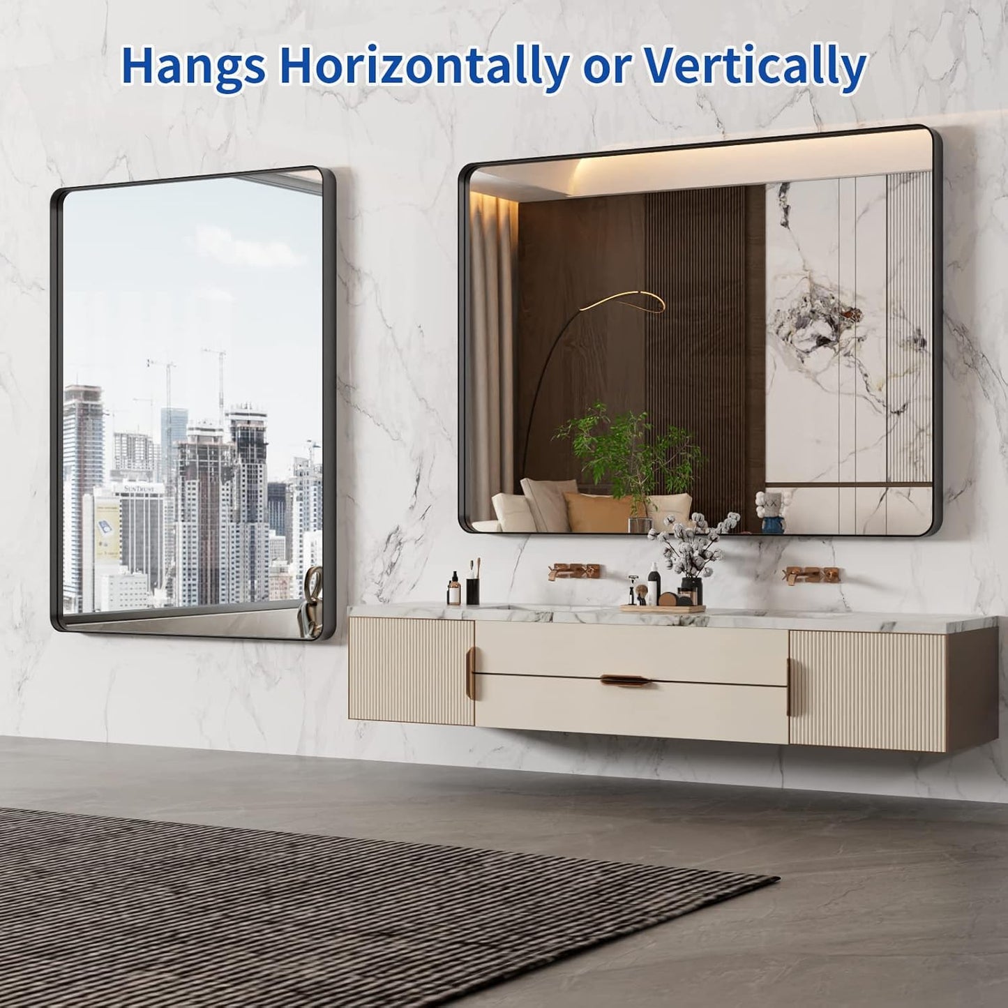 WEER Black Bathroom Mirror 48X36 Inch, Matte Black Bathroom Vanity Mirror Farmhouse, Large Rounded Rectangle Black Metal Framed, Anti-Rust, Tempered Glass, Hangs Horizontally or Vertically