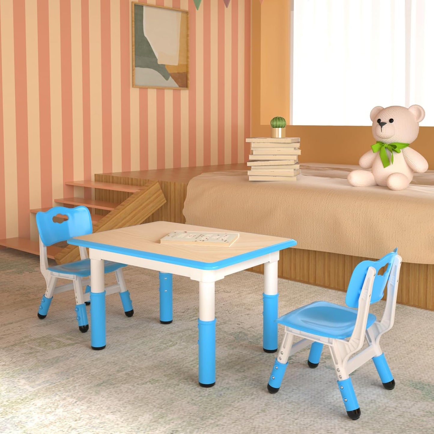 Kids Table and 2 Chairs Set，Height Adjustable Children Table & Chair，Toddlers Study Multi-Activity Table with 31.5"x23.6" Wipe-Clean Desktop，for Classrooms, Homes & Daycares