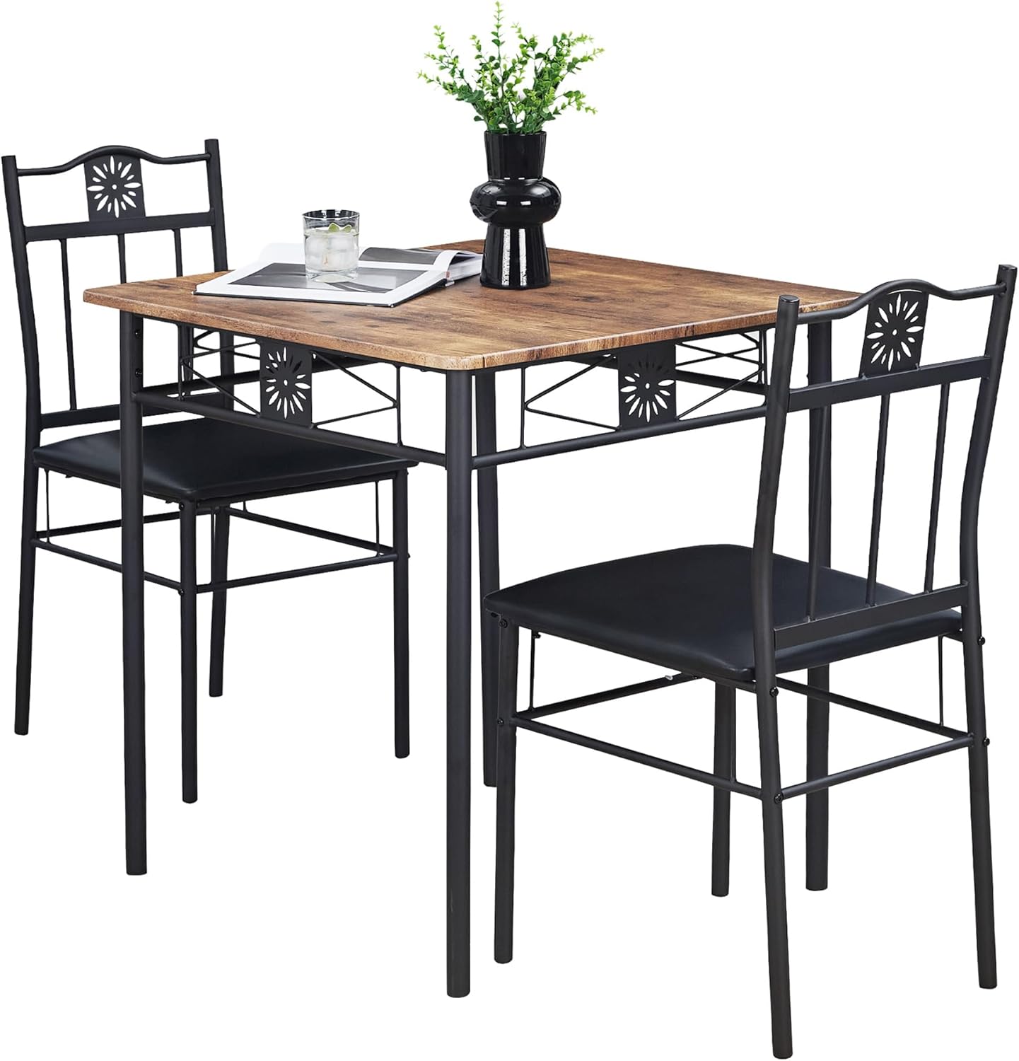 VECELO 3-Piece Small Kitchen Dining Table Set for 2, PU Padded Chairs, Easy Assembly, Brown