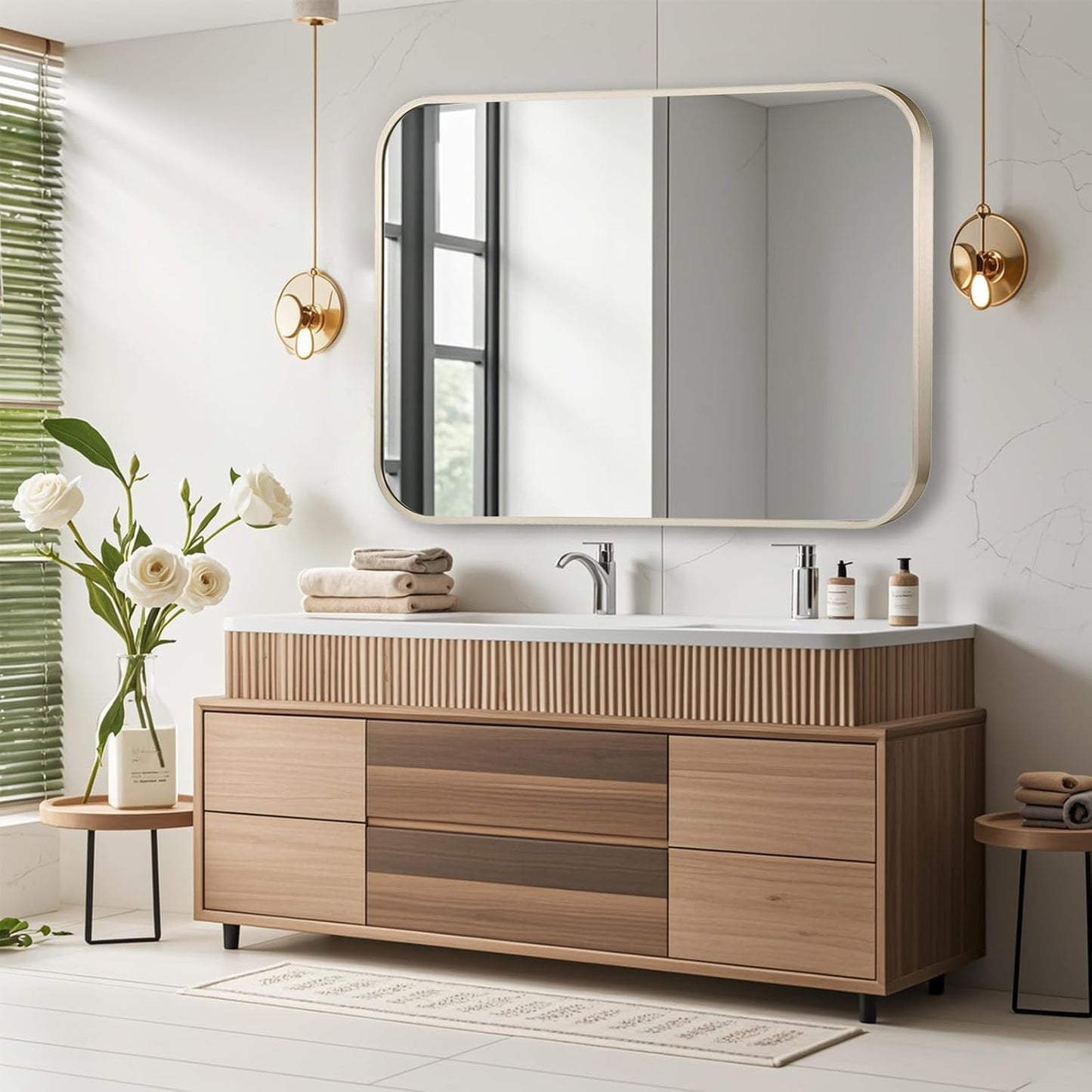 24x32 Inch Brushed Nickel Bathroom Mirror, Framed Rectangle Mirror with Rounded Corner, Brushed Mirror, Silver Bathroom Mirror for Over Sink, Vanity, Living Room, Bedroom, Horizontal/Vertical