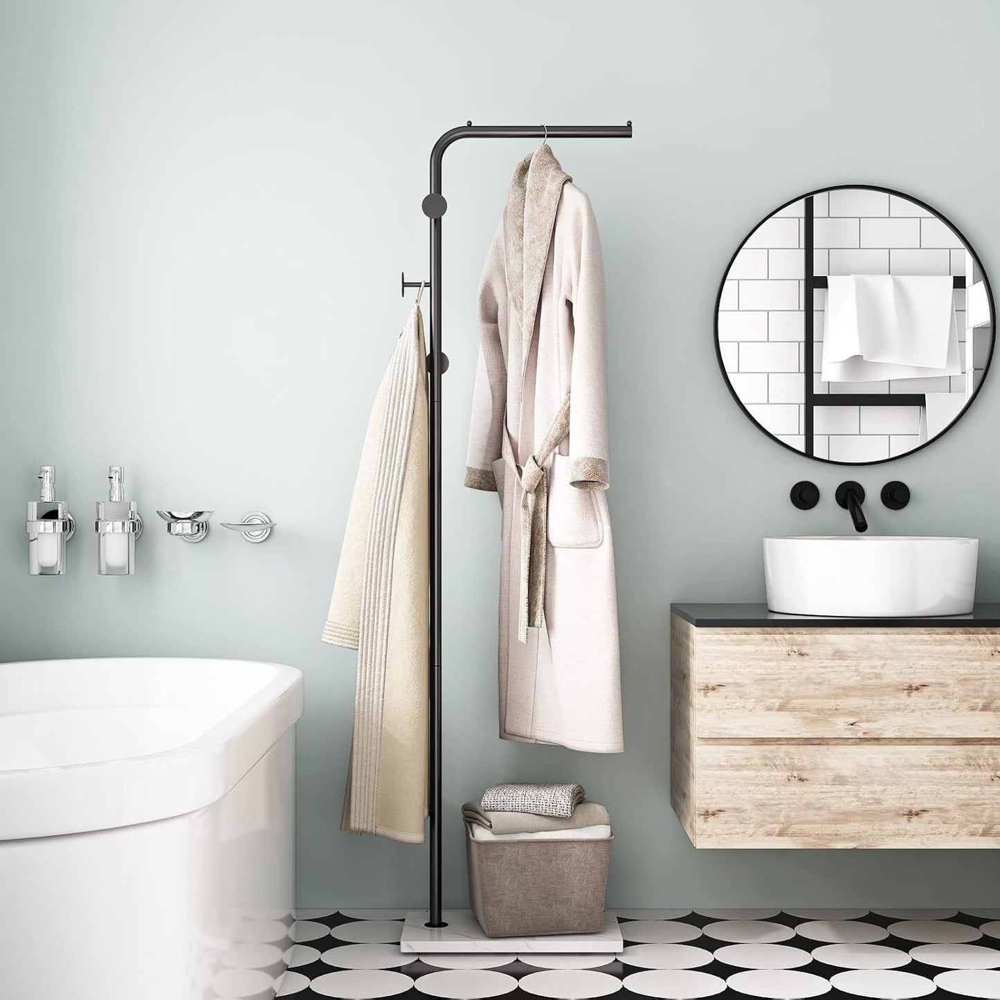 Black Coat Racks with White Base, Entryway Coats Racks Freestanding with 3 Hooks, L Shape Home Coat Hanger for Jackets, Coats, Hats, Clothes