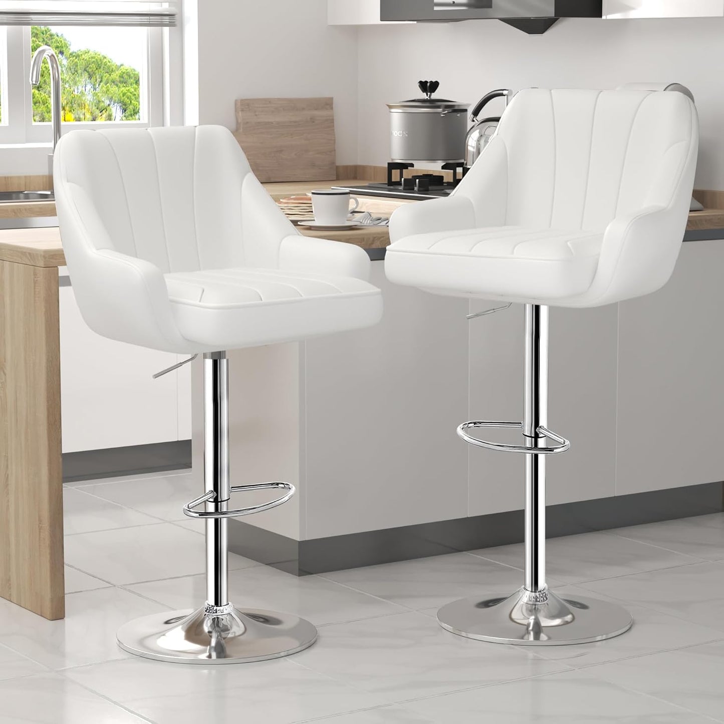 VECELO Bar Stools Set of 4, Adjustable Barstools, Counter Height Stools with Back and Arm, Kitchen Island Stools, Swivel PU Chairs for Pub, Dining Room, Modern Style, White