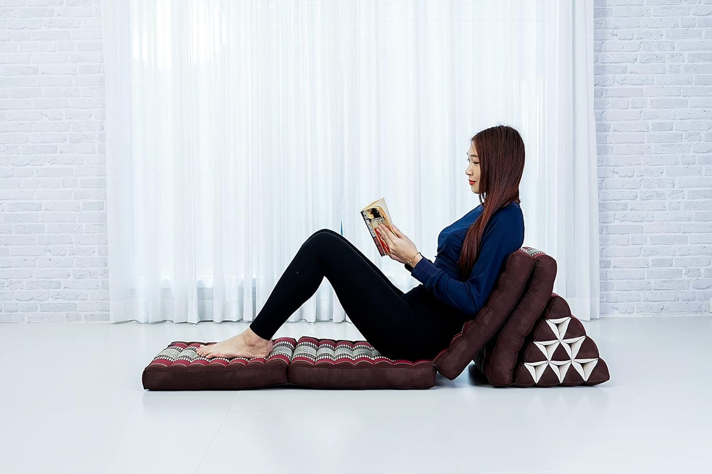 Leewadee Comfortable Japanese Floor Mattress - Thai Floor Bed with Triangle Cushion - Futon Mattress - XL Extra Long Thai Massage Mat, 89 x 20 inches, Brown Red, Kapok Filling