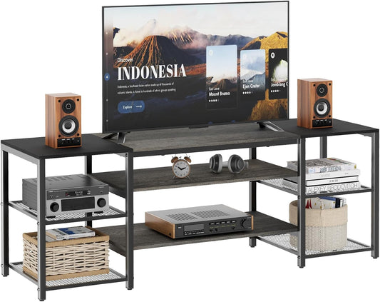 Modern Television Stand for 65 Inch TVs with Industrial Color Grey & Black, Metal Frame Storage Shelves with Open 3-Tier for Entertainment Center, Bedroom, Living Room