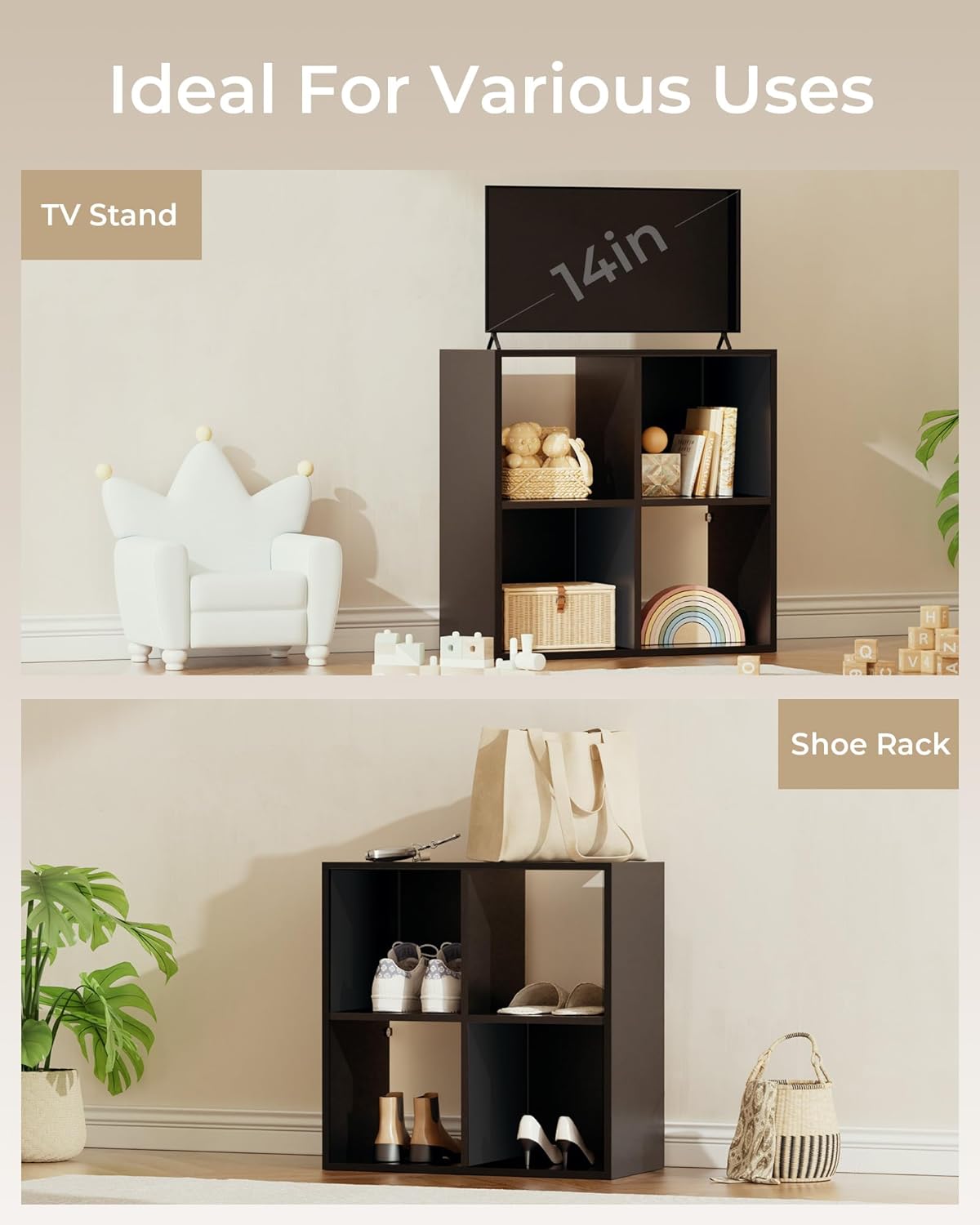 GTPLAYER 4-Cube Storage Organizer, Fits 11" Bins, Vertical or Horizontal Use, Opening Bookshelf, Partial Back Panels, Stackable Design Bookcase, for Desk, Vanity, Entryway, Black